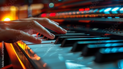 Close-up shot of hands playing an electronic keyboard with stage lighting creating an atmospheric backdrop.