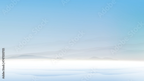 Minimal background in blue colors. Mountains and lake. Watercolor textured vector banner. 