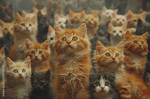 Multiple ginger kittens looking upwards with curious expressions, ideal for pet-themed designs. photo