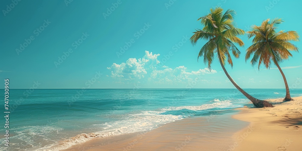 Palm trees against blue sky, Palm trees at tropical coast