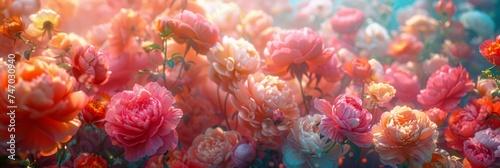 A panoramic view of a rose garden with a focus on the vivid and dreamlike quality of the flowers © Glittering Humanity