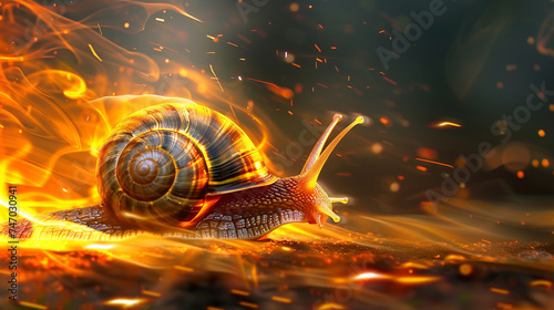 Snail turbo flames speed on a mission speeding through a snail. Snail captured in a dynamic, sunlit scene, embodying movement and the beauty of nature.