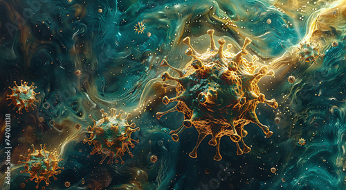 Abstract illustration of viruses in a fluid environment, showcasing a mix of colors and organic shapes. © Gayan