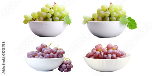 Collection of grape in white bowl isolated on a white background as transparent PNG