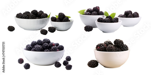 Collection of blackberry in white bowl isolated on a white background as transparent PNG