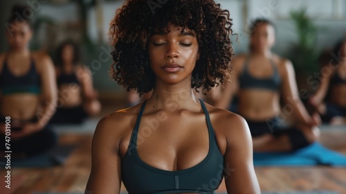 beautiful black woman with curly hair and sports bra meditating in yoga group