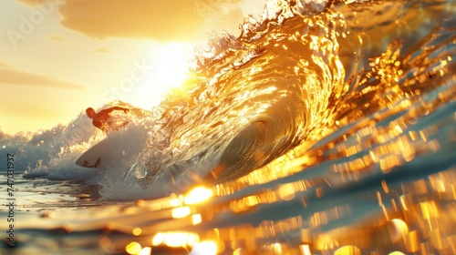 Surfers ride big wave ,the sun is shining through waves on the beach, in the style of light gold and gold. 