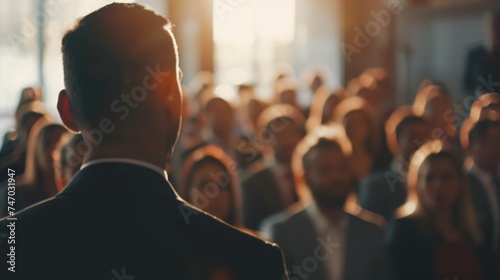 backview of a businessman talking infront of people group class photo