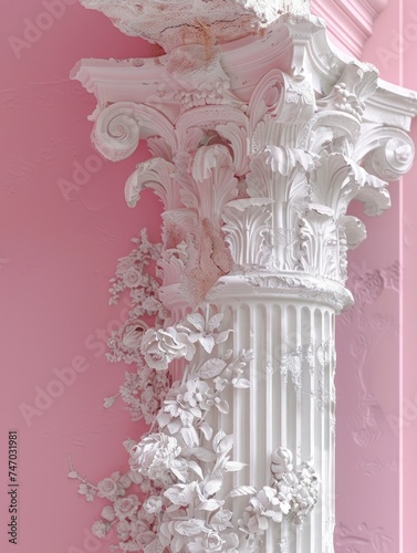 A close-up of a pink Corinthian-style column with ornate white floral details, invoking a sense of elegance and history photo