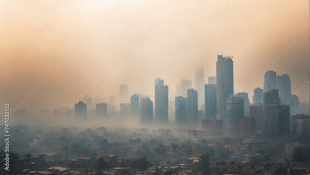 Smog city with dust Cityscape of buildings