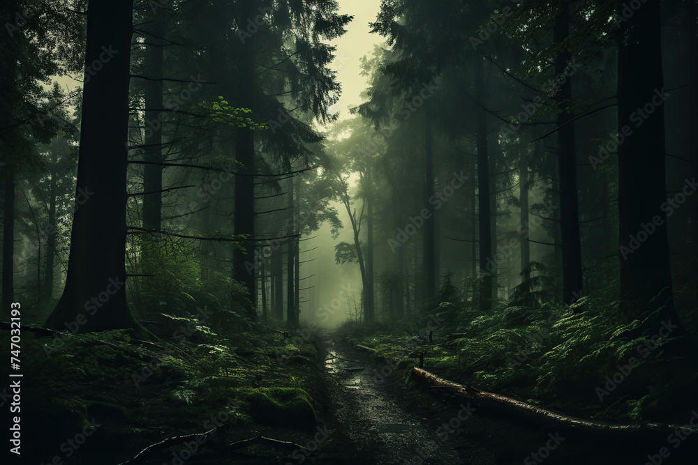 Obraz premium A path in the middle of a dense foggy forest. Generated by artificial intelligence