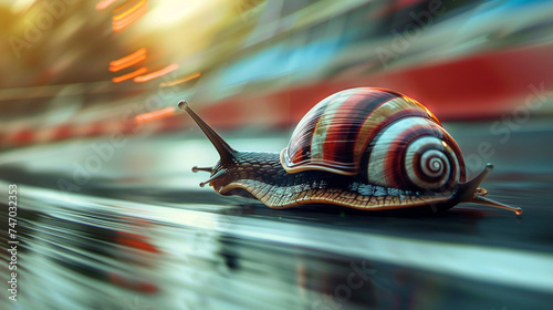 Snail turbo flames speed on a mission speeding through a snail at race track. Snail captured in a dynamic, sunlit scene, embodying movement and the beauty of nature.