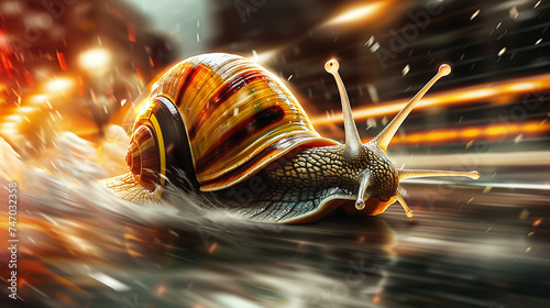 Snail turbo flames speed on a mission speeding through a snail at race track. Snail captured in a dynamic, sunlit scene, embodying movement and the beauty of nature.