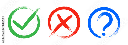 Dirty grunge cross x, tick OK and question check marks in check boxes, hand drawn with brush strokes vector illustration isolated on white background. Question mark, symbol NO, YES web button for vote © Konstantin