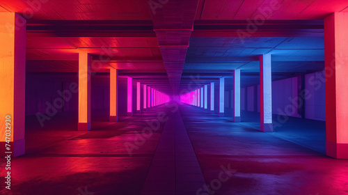 Colorful neon lights in an empty parking garage.