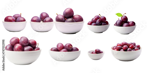 Collection of plum in white bowl isolated on a white background as transparent PNG