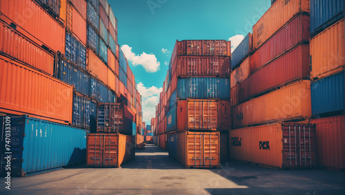 Stacked cargo containers in the storage area of freigh photo