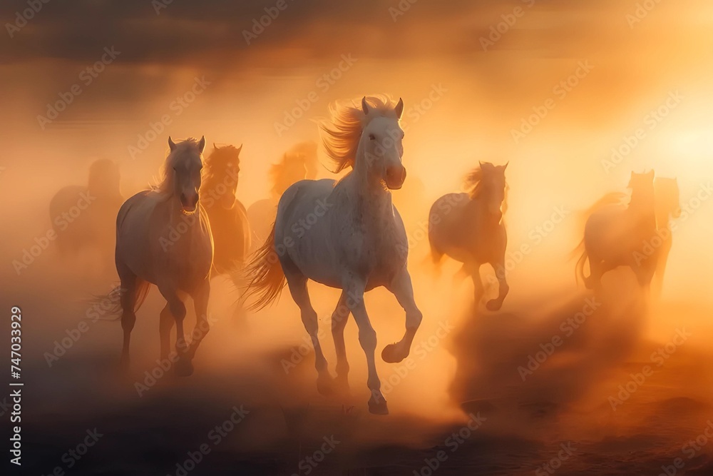 Fototapeta premium A pack of wild horses gallops through a dust cloud in the desert at sunset, conveying wild beauty and untamed spirit.