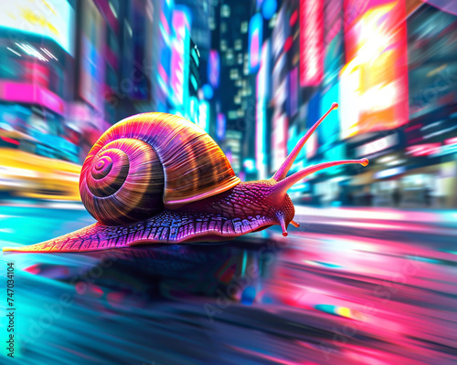 Snail turbo flames speed on a mission speeding through a snail at neon urban. Snail captured in a dynamic, sunlit scene, embodying movement and the beauty of nature.