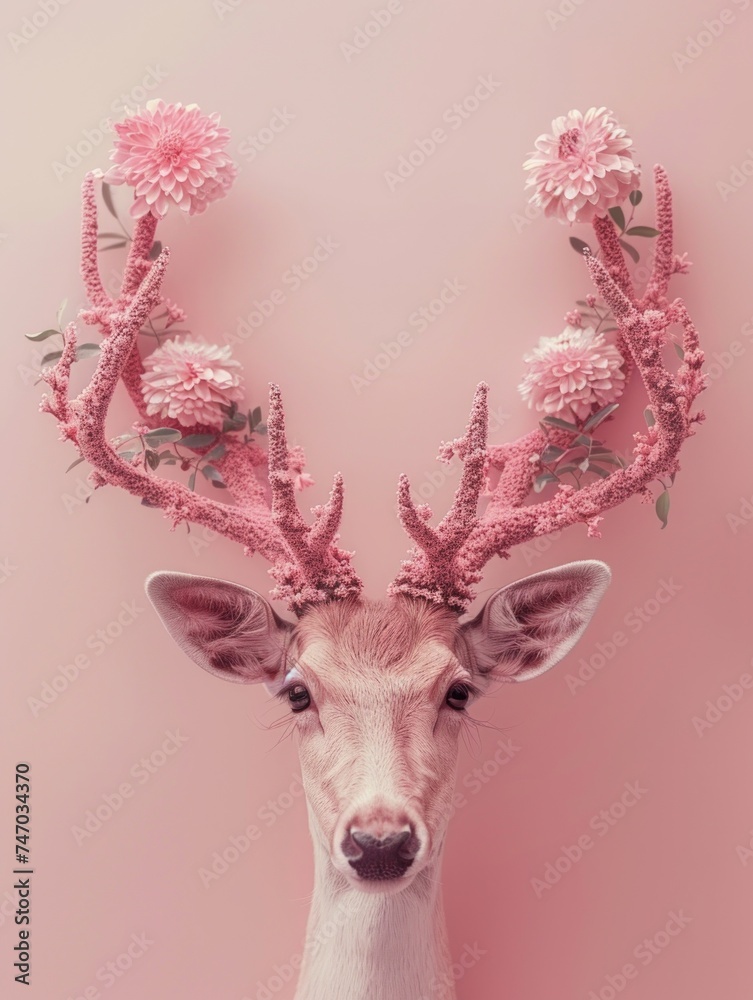 A whimsical portrait of a deer with antlers adorned in pink flowers, set against a pink background, invoking fantasy and gentle beauty in nature A whimsical portrait of a deer with antlers adorned in pink flowers, set against a pink background, invoking fantasy and gentle beauty in nature