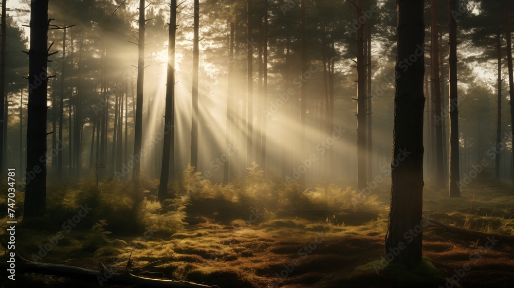 Mystical Forest Sunrise - Sunbeams Piercing Through Trees