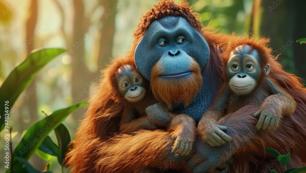 Fototapeta premium Mother orangutan with her cute babies in the grass