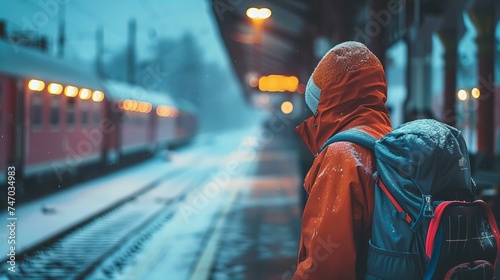 person in orange, winter jacket with a hood waiting for train on a platform 
