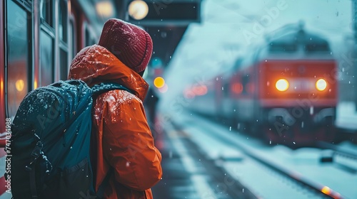 person in orange, winter jacket with a hood waiting for train   on a platform  photo