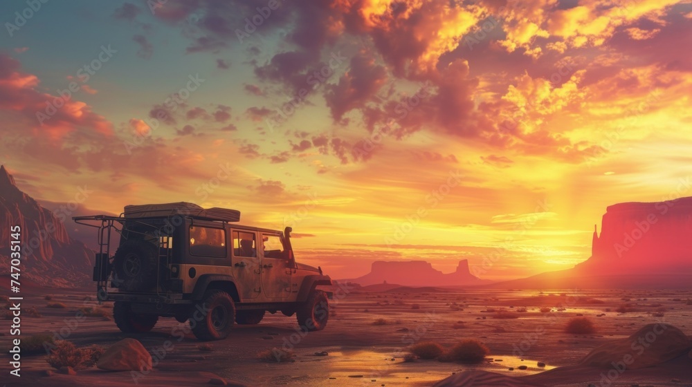 Fototapeta premium SUV offroad adventure in the red desert on the sand dune