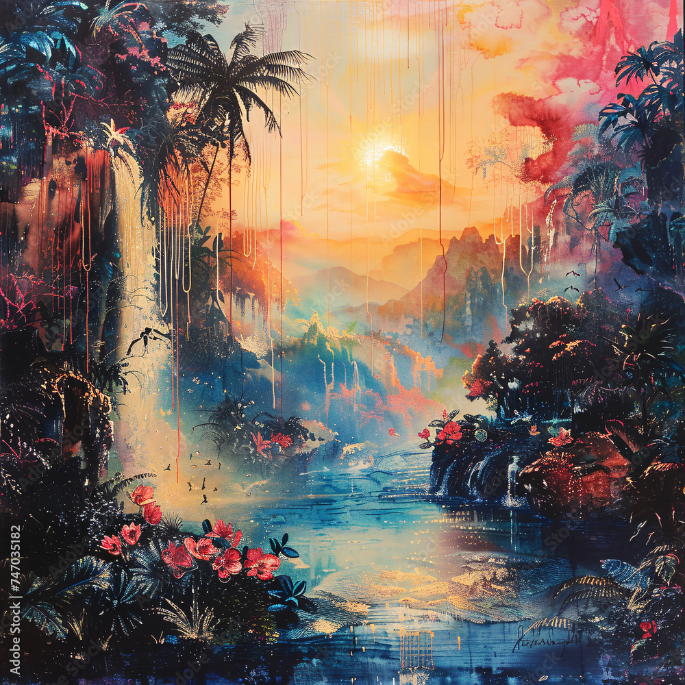 Fototapeta premium Tropical Paradise at Sunset Painting
