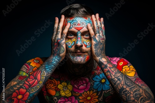  A portrait of someone with a fake tattoo sleeve or temporary face tattoos, showcasing their playful side for April Fools' Day