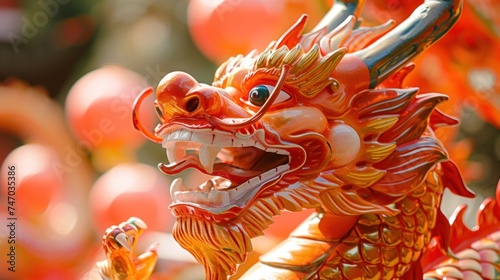 Closeup of a gold dragon statue with red and green details and white sharp teeth at a temple with gold details © Ruslan Gilmanshin
