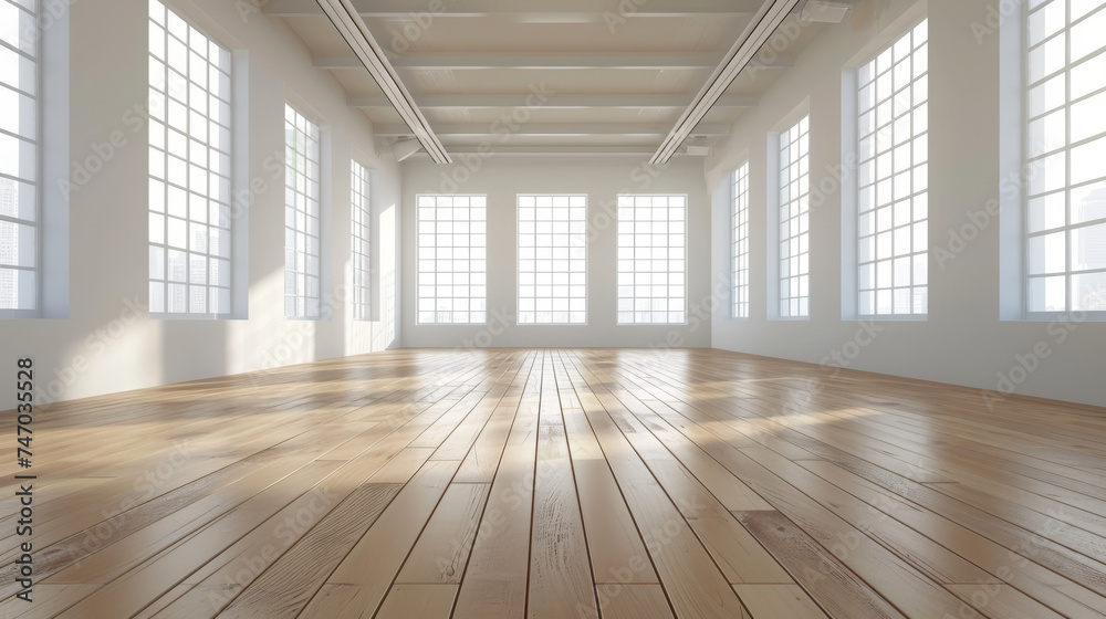 A vast, luminous white room adorned with expansive windows flooding the space with sunlight, complemented by warm wooden floors, creating an inviting and spacious atmosphere.