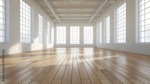 A vast  luminous white room adorned with expansive windows flooding the space with sunlight  complemented by warm wooden floors  creating an inviting and spacious atmosphere.