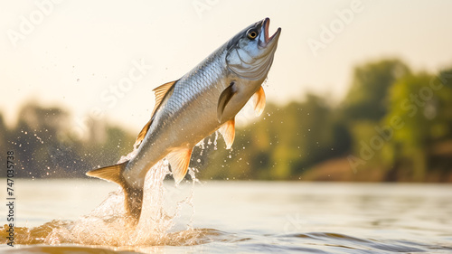 A fish jumps and splashes in a lake or pond. Fishing trophy.