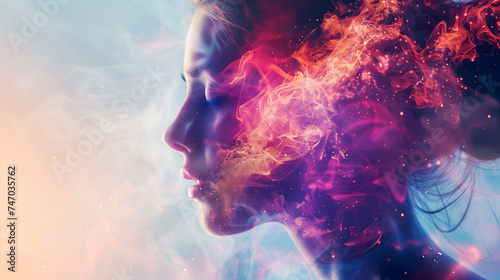 Cortisol double exposure abstract image. Woman's silhouette against space aura, symbolizing cortisol's cerebral effects. Stress and the cosmos collide in a portrait of hormonal impact on the mind