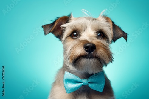 A mini terrier wearing a blue bow tie, looking dapper on a solid pastel blue background
