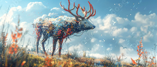 Surreal Artistic Deer in a Blooming Field