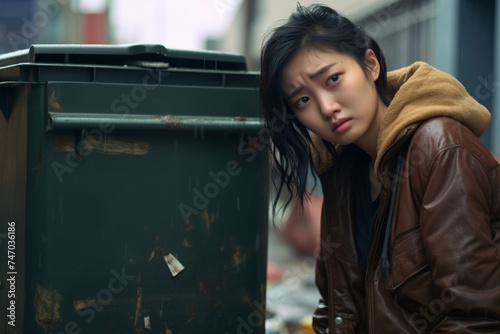 Poor Asian homeless woman with squint sits near the garbage to find something for herself