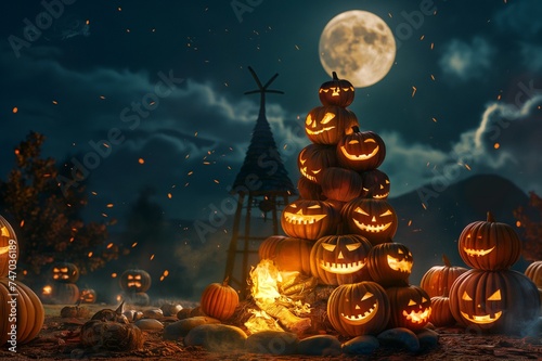 A stack of whimsical jack-o'-lanterns, each with a different silly expression, gathered around a crackling bonfire under a full moon.