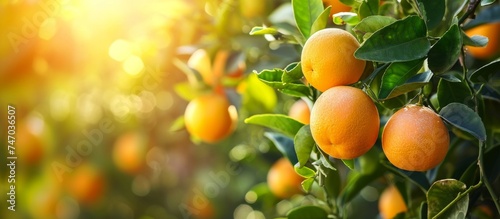 A cluster of citrus fruit, including mandarin oranges, tangerines, and bitter oranges, hanging from a tree with the sun shining through the leaves.