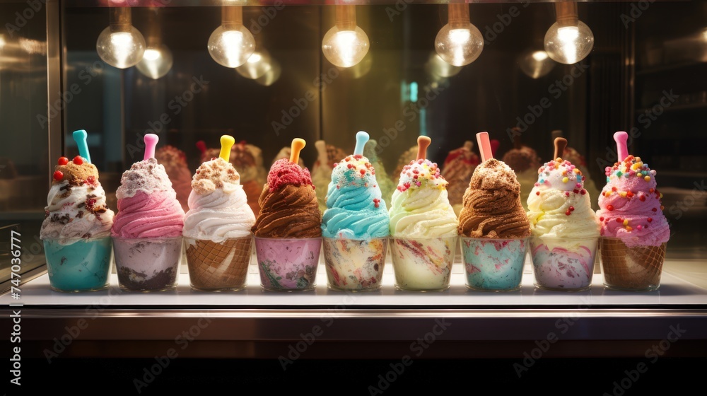 Ice cream parlor display showcasing an array of delicious flavors and toppings