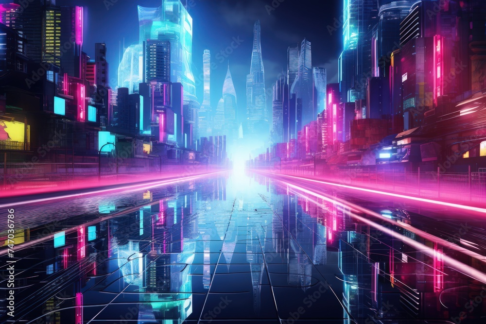 Illustration of an abstract neon megacity with light reflections from puddles on the street, featuring a cyberpunk theme. - obrazy, fototapety, plakaty 