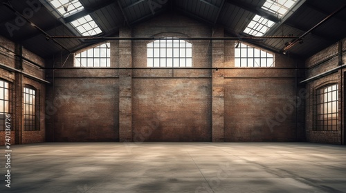 Empty old warehouse interior with brick walls  concrete floor  and a black steel roof structure