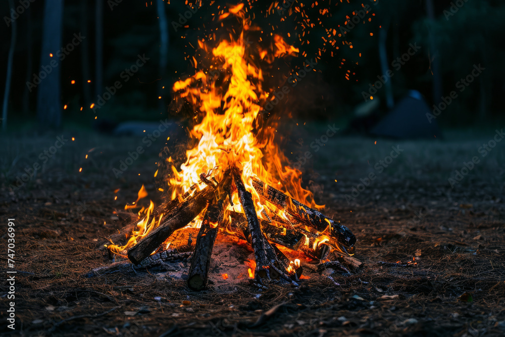 In the tranquil darkness of a campsite, the vibrant flames of burning wood dance and flicker, casting a warm and inviting glow, inviting companionship and storytelling under the starry night sky. - obrazy, fototapety, plakaty 
