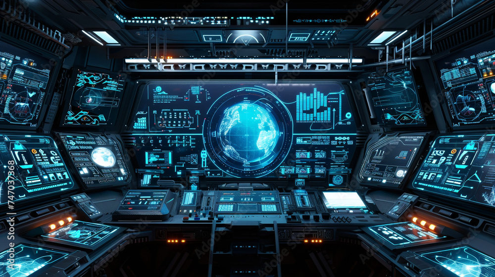 A space station control panel mockup with interactive, multi-layered holographic interfaces A space station control panel mockup with interactive, multi-layered holographic interfaces