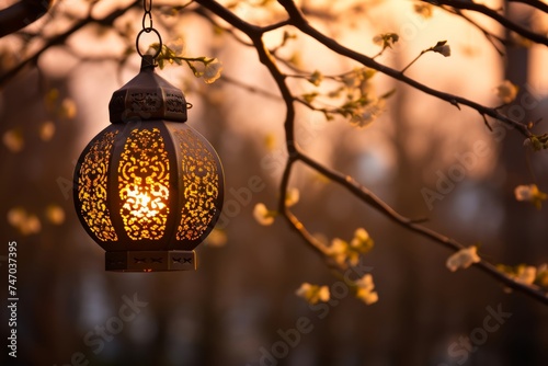 
An intricately designed Eid al-Fitr lantern hanging from a tree branch, casting a warm and inviting glow as it sways gently in the breeze photo