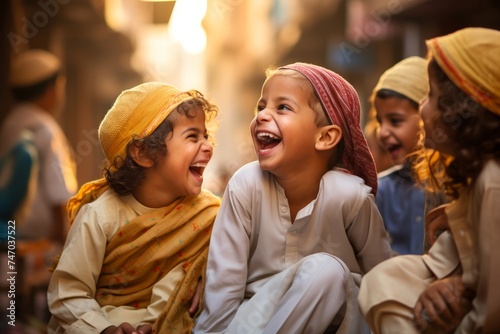 
Children in traditional attire laughing and playing together during Eid al-Fitr festivities in the vibrant streets of their community photo