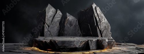 
Rock sat on top of a mountain with some black and yellow lightning coming out of it ocky landscape in an animated render, in the style of dark gray and dark gold, anamorphic art Generated image