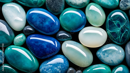 3D blue jade pebbles closeup detail. Delving into the vibrant energy aura of natural crystal gemstones